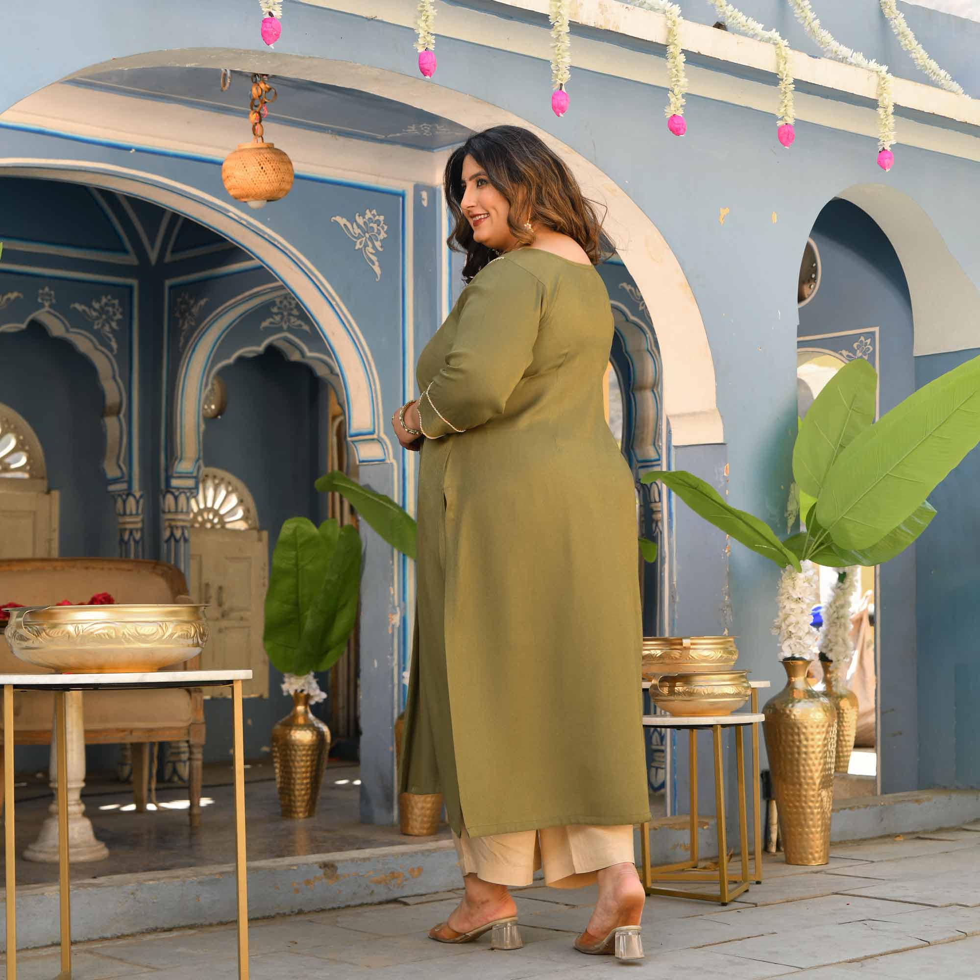 Tulsi- Olive Green Viscose Tissue A-line Pleated Kurta - Image 8