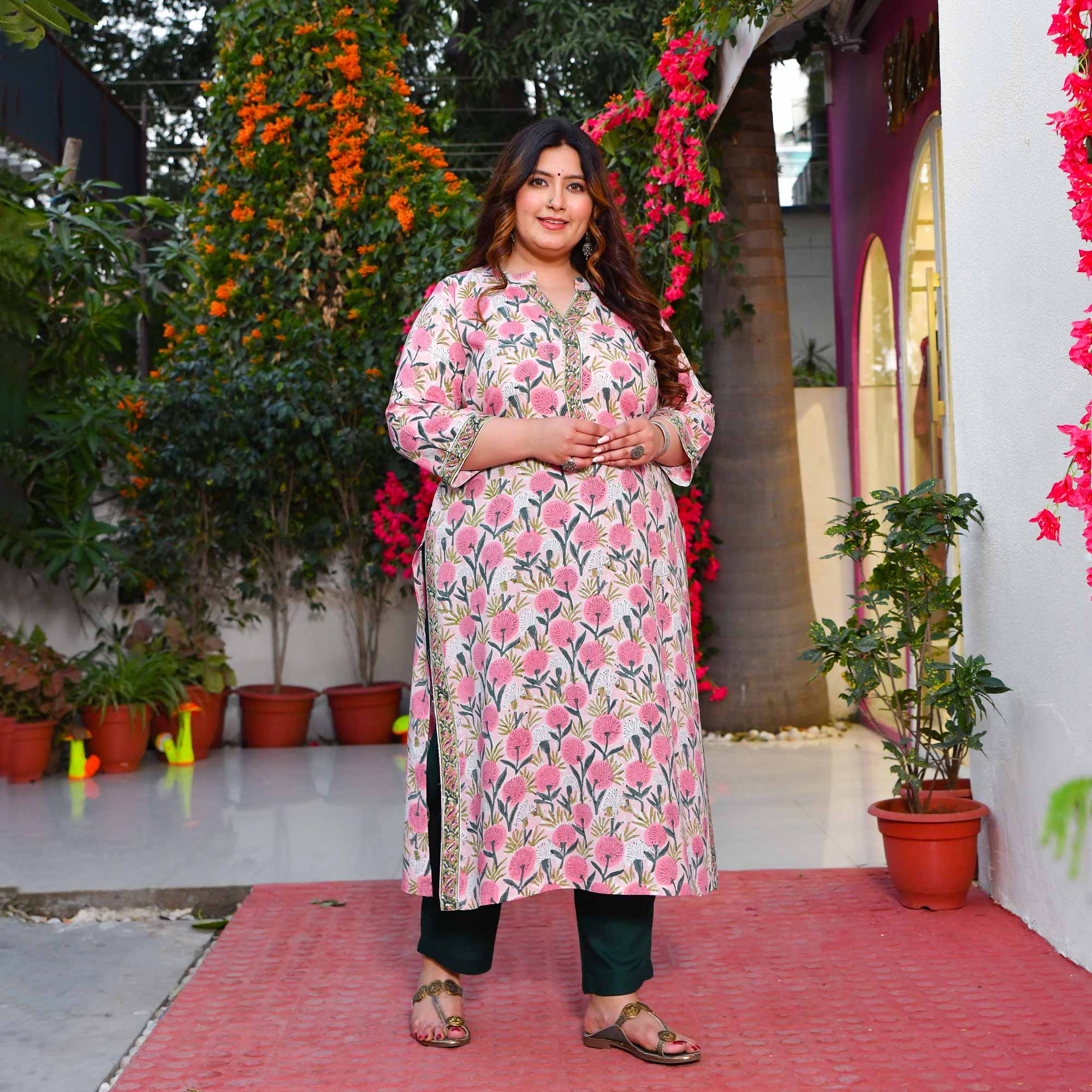 Turkish Rose- Pink Floral Printed Rayon Cotton Kurta - Image 6