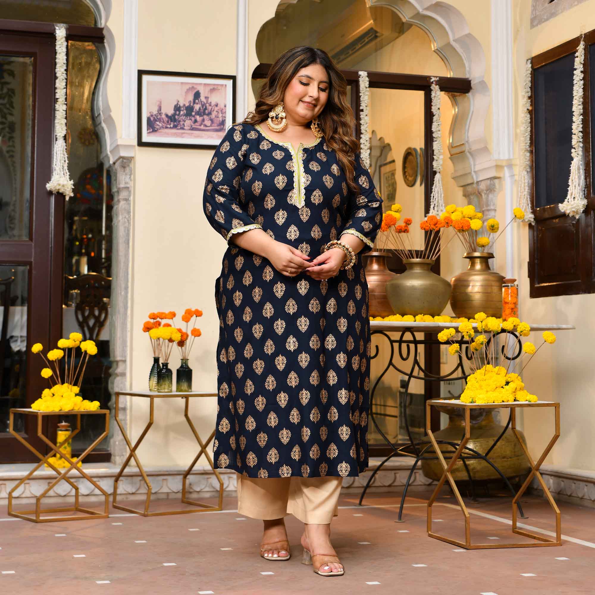 Uphaar- Navy Blue Gold Block Print Rayon Kurta - Image 5
