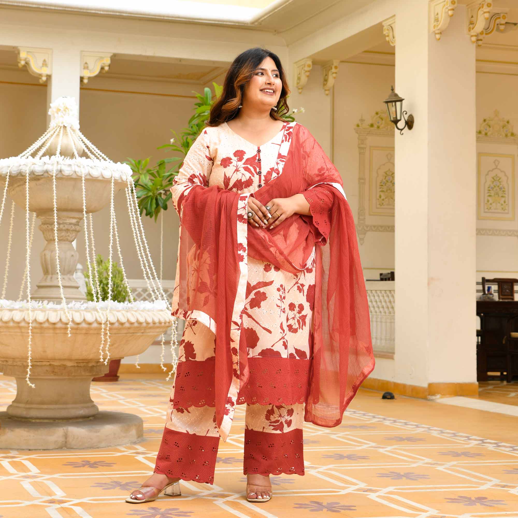 Vanika- Off- White & Rust Floral Schiffli Laced Suit Set