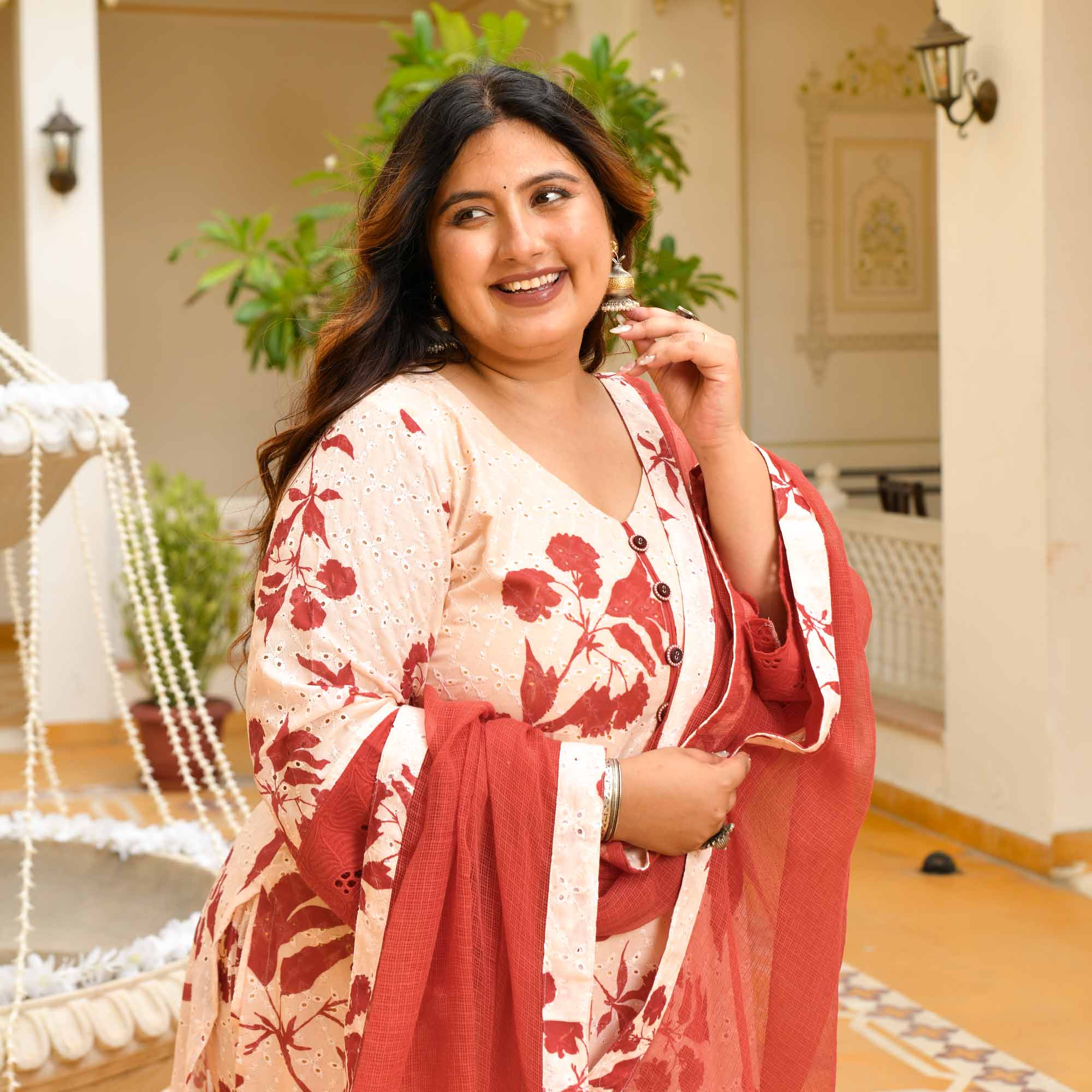 Vanika- Off- White & Rust Floral Schiffli Laced Suit Set - Image 5