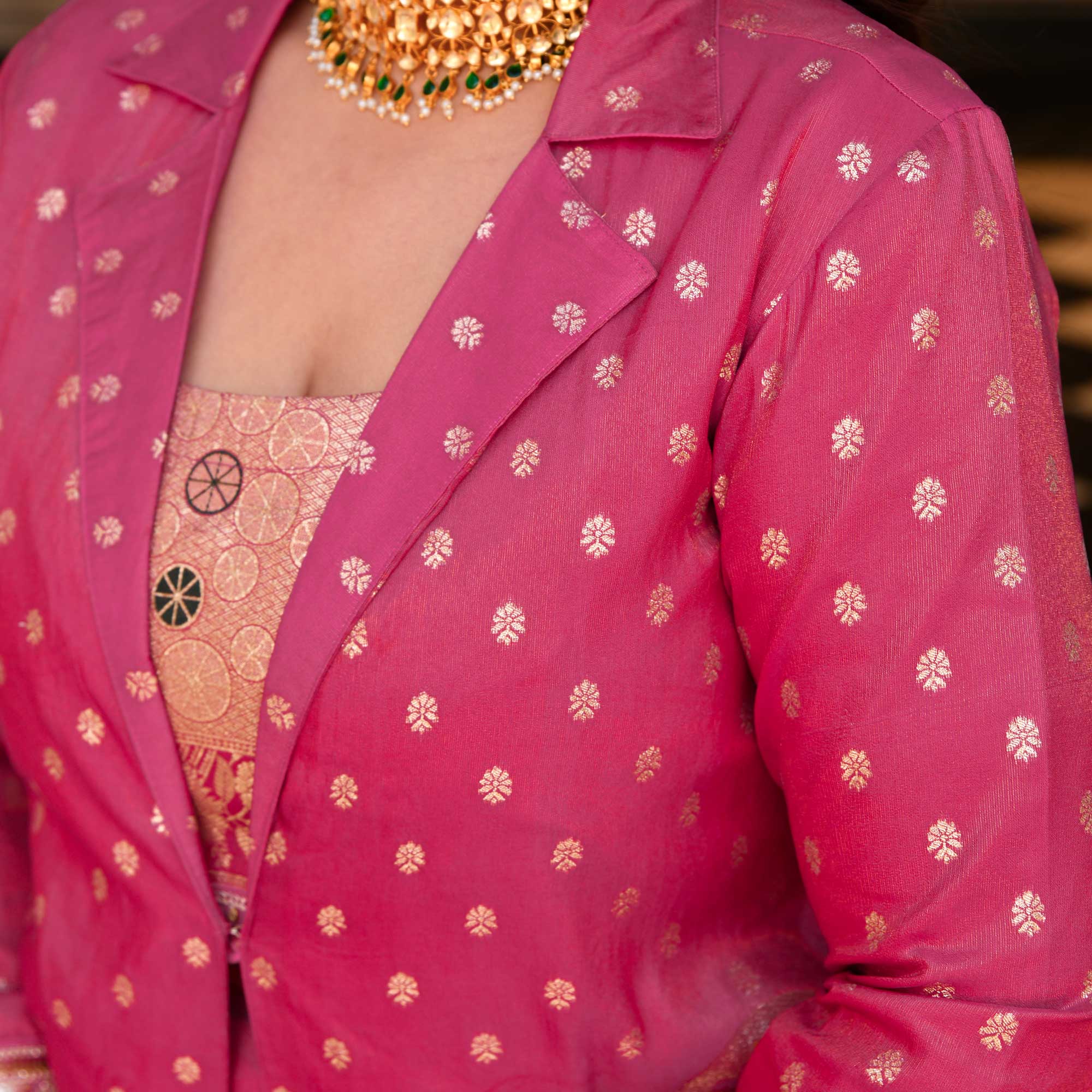 Veronica- Deep Pink Banarasi Silk Jacket Lehenga Set - Image 5