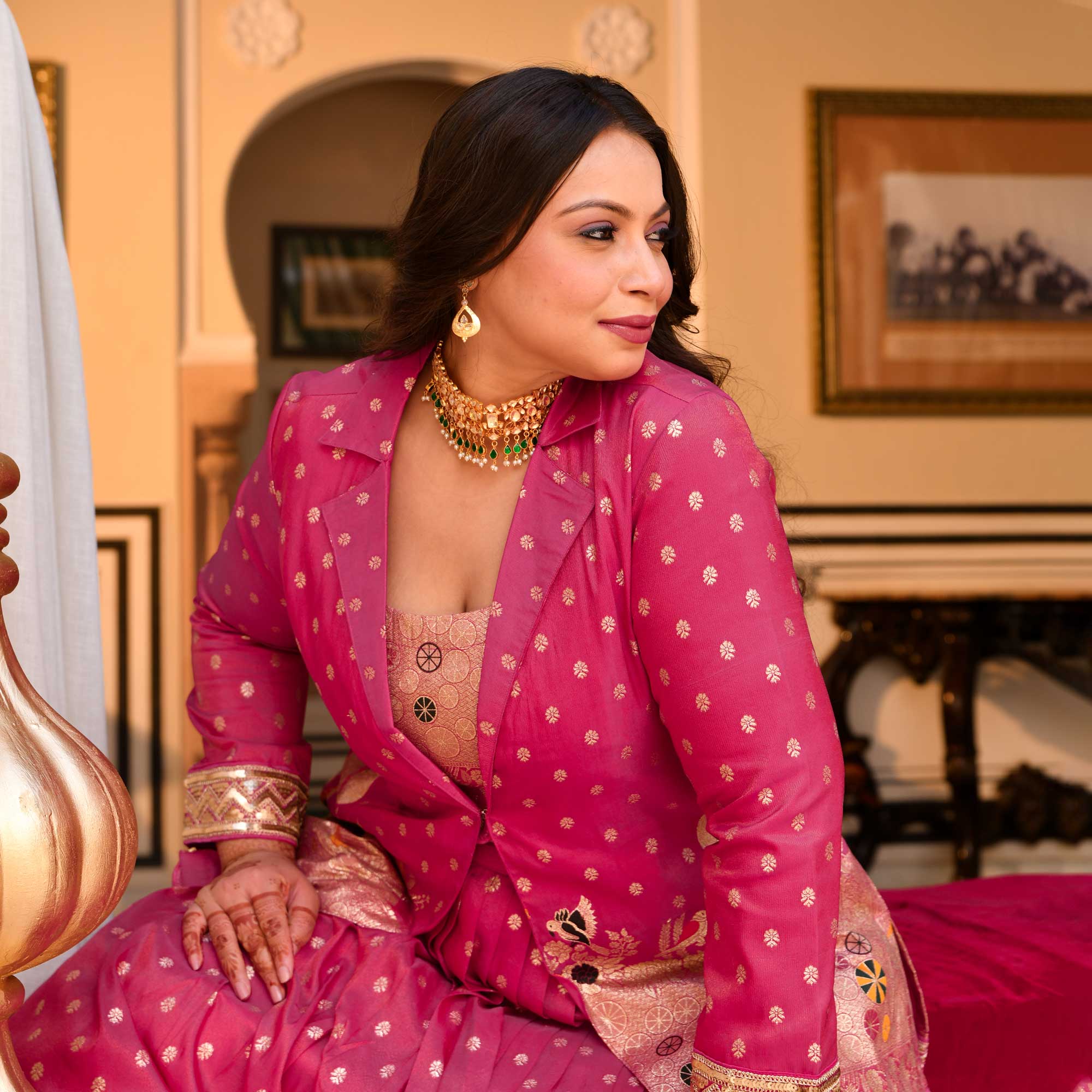 Veronica- Deep Pink Banarasi Silk Jacket Lehenga Set - Image 7