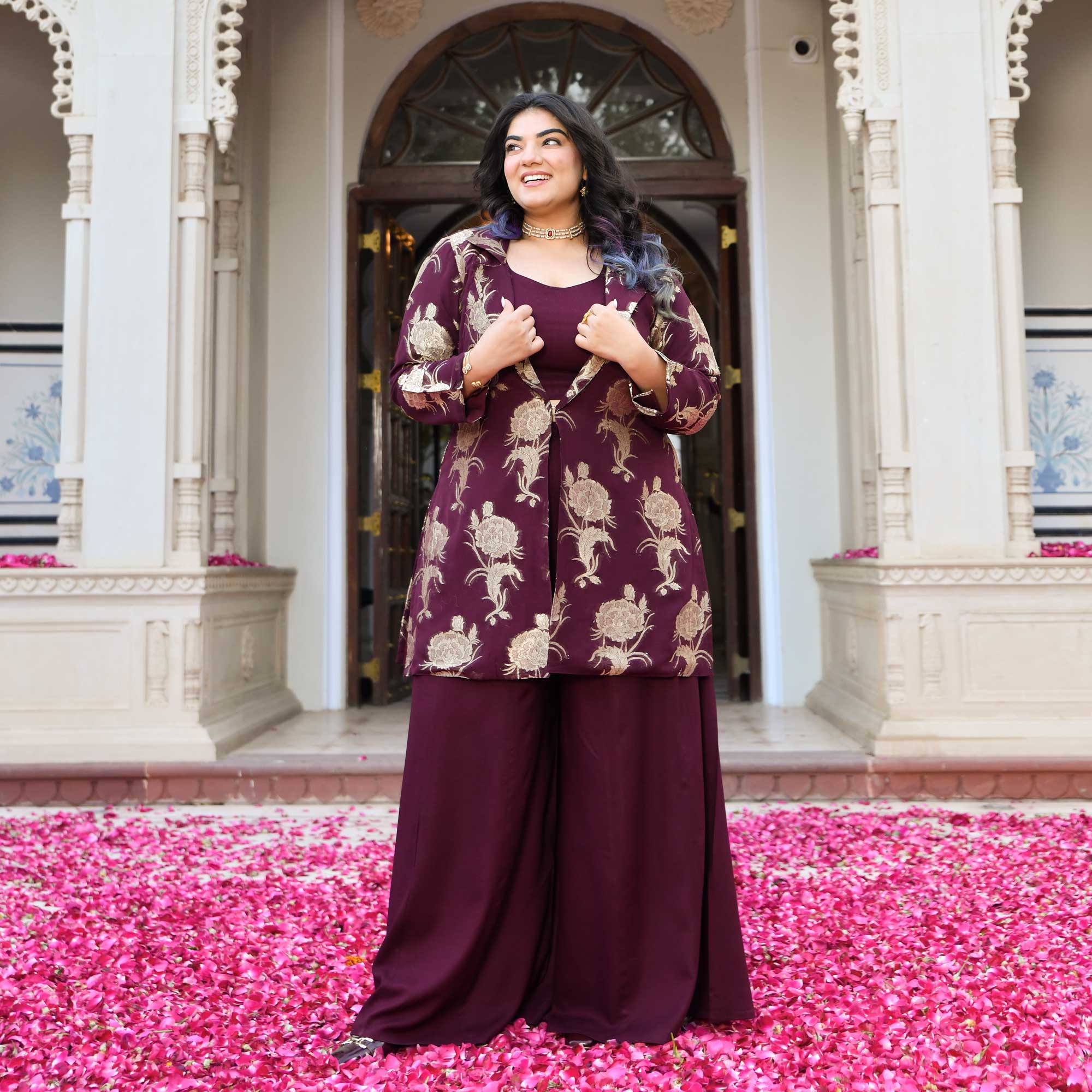 Victoria- Wine Banarasi Pure Georgette Blazer Co-ord Set - Image 8