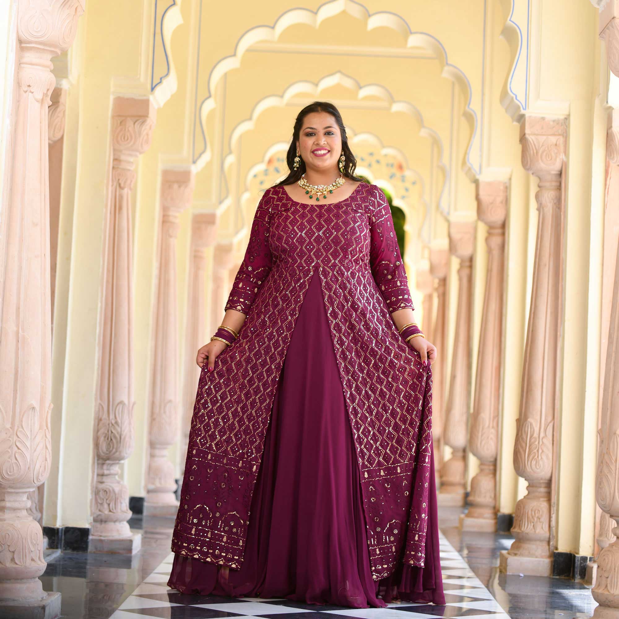 Wine Thread Embroidered Georgette Anarkali Dress - Image 4