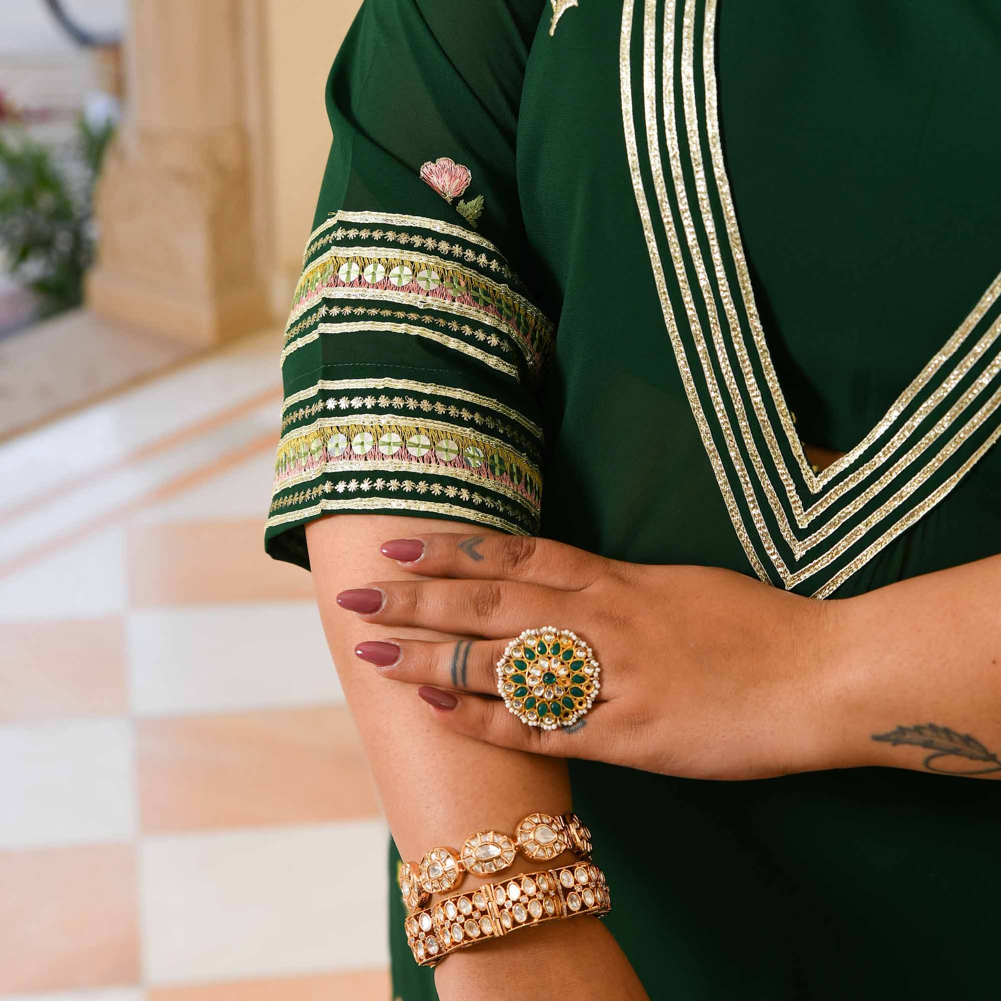 Worth it- Bottle Green Thread & Gota Embroidered Georgette Kurta Cape Set - Image 8