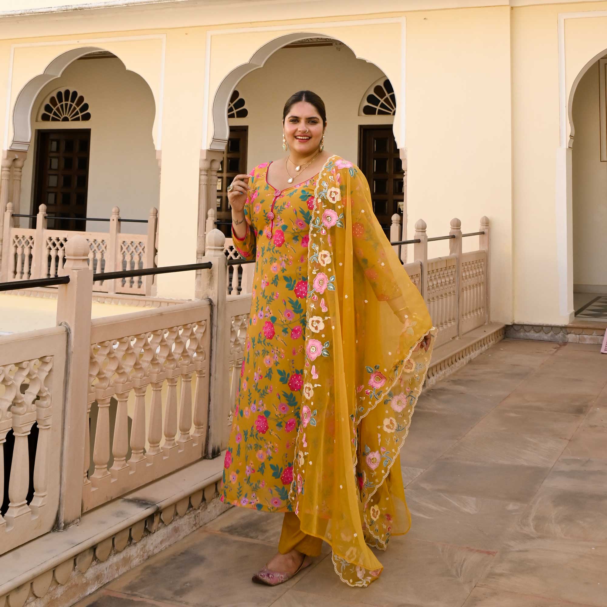 Yellow Spring Floral Georgette Suit Set - Image 2